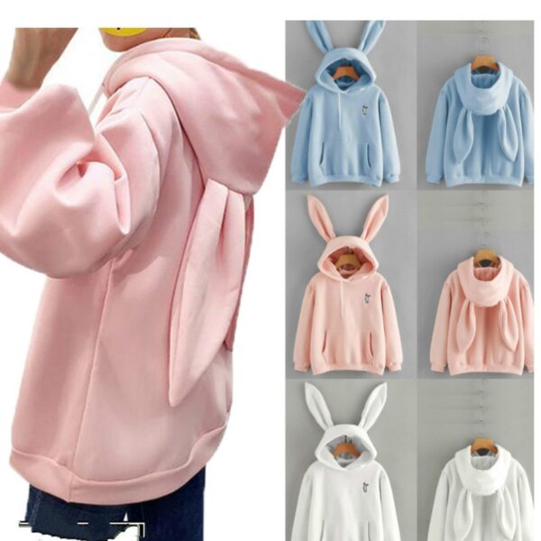 Awéwé Kelinci Lucu Dicitak Gadis Hoodie Kasual Lengan Panjang Sweatshirt Pullover Ceuli Plus Ukuran Top Sweatershirt