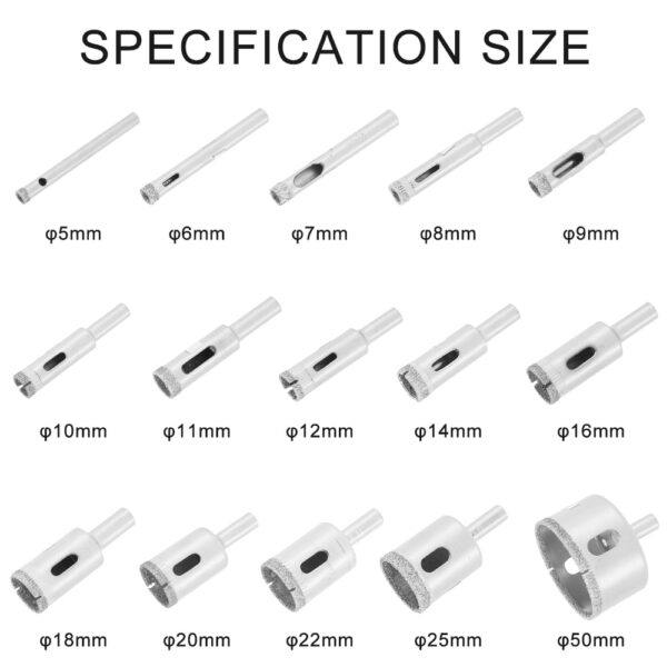 15pcs Diamond Coated Drill Bit Set Tile Marble Glass Ceramic Hole Saw Drilling Bits For Power 2