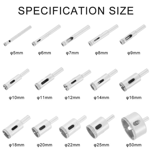 15ks Sada vrtáků s diamantovým potahem na dlaždice, mramorové sklo, keramické otvory, vrtáky pro sílu 2