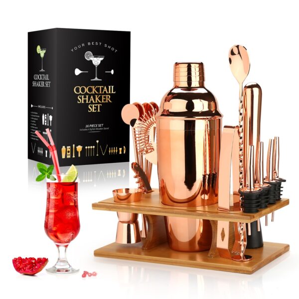 Cocktail Shaker Kupanga Set 16pcs Bartender Kit yokhala ndi Eco Bamboo Stand Stainless Steel Bar Tool Set