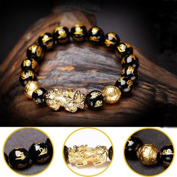 Black Obsidian Wealth Bracelet Adjustable Releases Negative Energies Bracelet with Golden Pi Xiu Lucky Wealthy Amulet