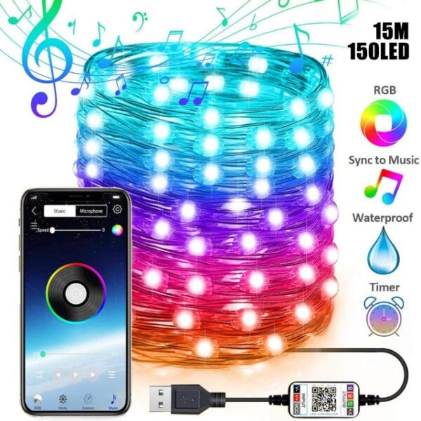 USB LED String Light Sterowanie przez aplikację Bluetooth Lampa z drutu miedzianego Wodoodporne zewnętrzne lampki choinkowe do 3.jpg 640x640 3