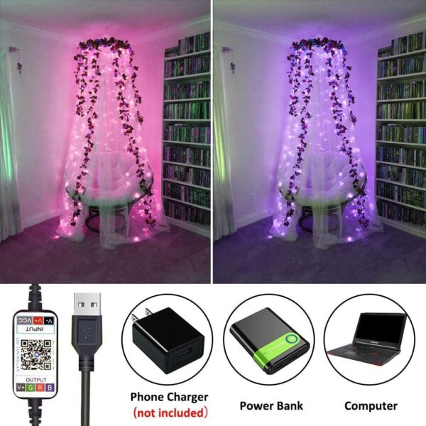 USB LED String Light Bluetooth App Taolo ea Copper Wire String Lamp e sa keneleng Metsi Mabone a Fairy a Kantle bakeng sa 4