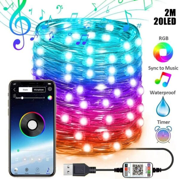 USB LED String Light Bluetooth App Control Fio de cobre Lâmpada de corda à prova d'água Luzes de fadas ao ar livre