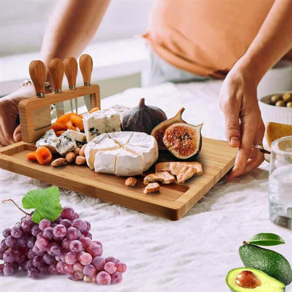1 Set Bamboo Cheese Board Cutting Board with Stainless Steel Knives Khaki 1