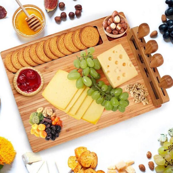 1 Set Bamboo Cheese Board Cutting Board with Stainless Steel Knives Khaki 2
