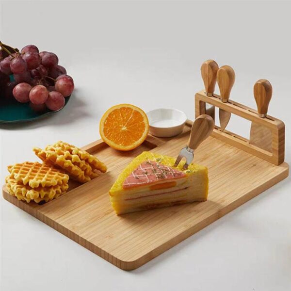 1 Set Bamboo Cheese Board Cutting Board with Stainless Steel Knives Khaki 3