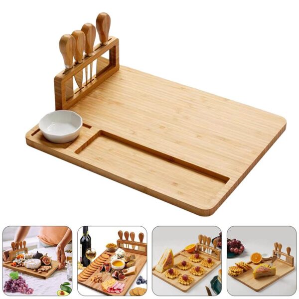 1 Set Bamboo Cheese Board Cutting Board with Stainless Steel Knives Khaki