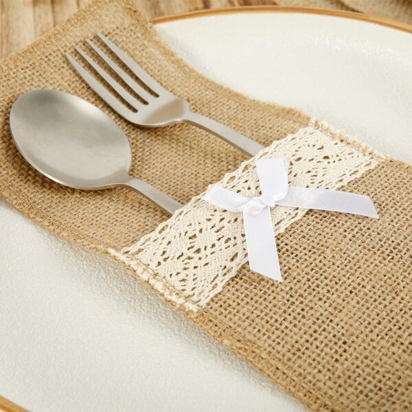 20Pcs Burlap Lace Cutlery Pouch Rustic Wedding Tableware Knife Fork Holder Bag Hessian Jute Table Decoration 2