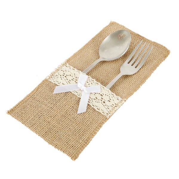 20Pcs Burlap Lace Cutlery Pouch Rustic Wedding Tableware Knife Fork Holder Bag Hessian Jute Table Decoration 4