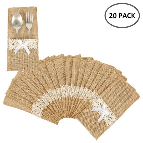 20Pcs Burlap Lace Cutlery Pouch Rustic Wedding Tableware Knife Fork Holder Bag Hessian Jute Table Decoration
