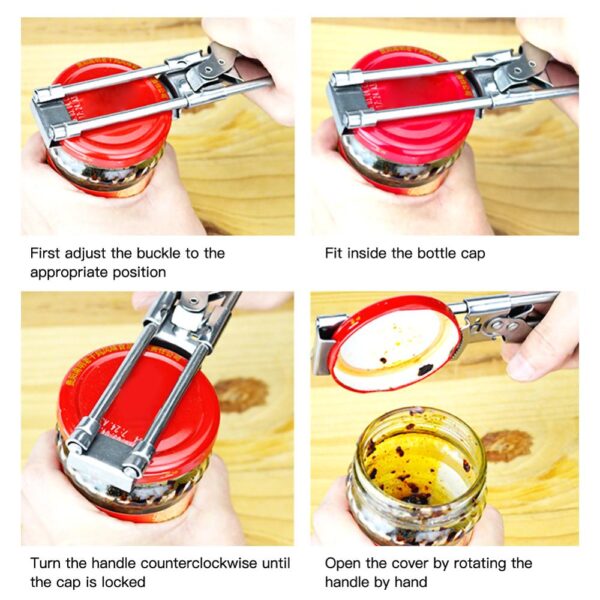 ဘက်စုံသုံး ဘီယာပုလင်းအဖွင့်ကိရိယာ ချိန်ညှိနိုင်သော အဖွင့်အနိုင် Stainless Steel Manual Jar Lid Opener Gripper မီးဖိုချောင်သုံးပစ္စည်းများ 2