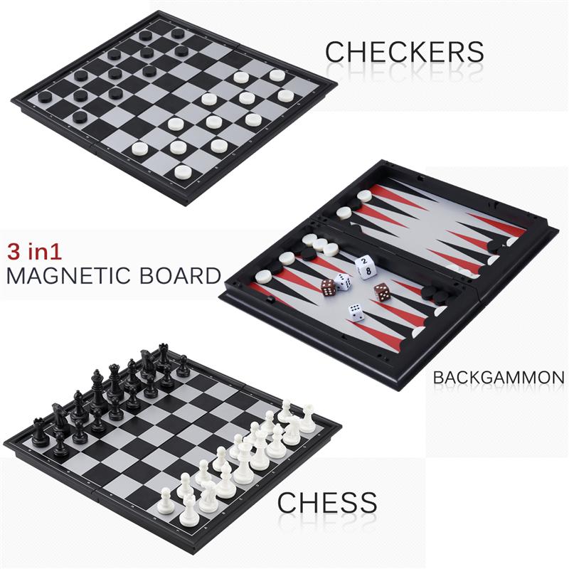 Travel Board Game Toys Magnetic Wooden Folding Chess Checkers Backgammon 17x17" 