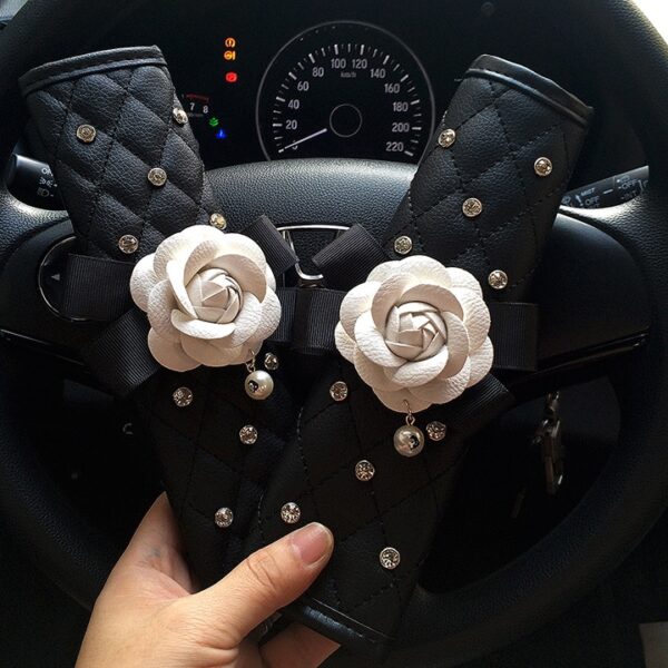 Crystal Rhinestones Camellia Flower Car Interior Accessories Women Leather Steering Wheel Cover Hand brake Gear Cover 5
