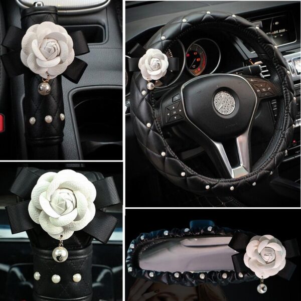 Crystal Rhinestones Camellia Flower Car Interior Accessories Women Leather Steering Wheel Cover Hand brake Gear Cover