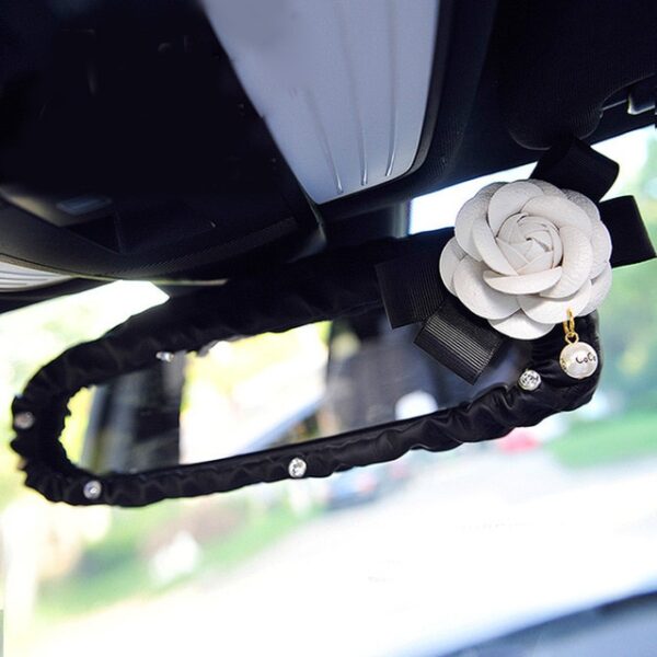 Crystal Rhinestones Camellia Flower Car Interior Accessories Women Leather Steering Wheel Cover Hand brake Gear
