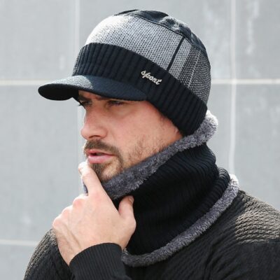 Winter Hats For Men Skullies Beanie Hat Winter Cap Men Women Wool Scarf Caps Set Balaclava