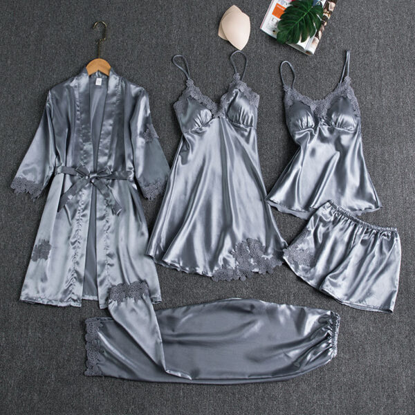 5PCS Sleepwear Female Pajamas Set Satin Pyjamamas Lace Patchwork Bridal Wedding Nightwear Rayon Home Wear Nighty 1