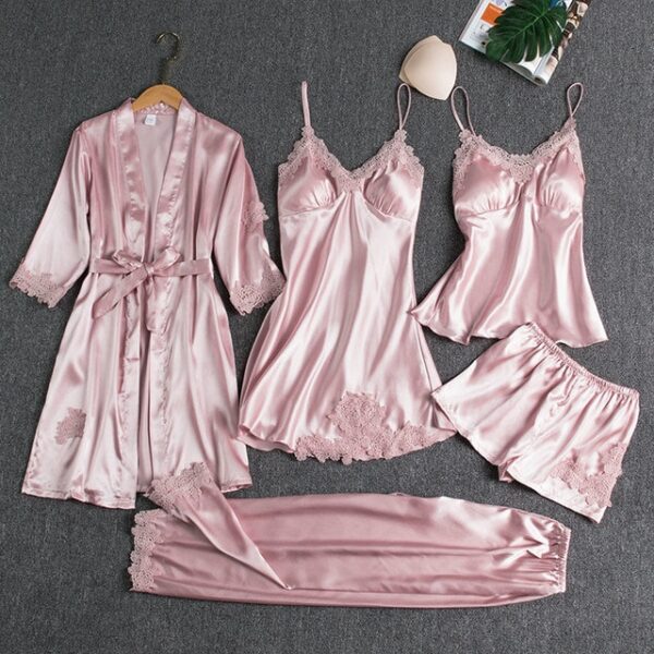 5PCS Sleepwear Female Pajamas Set Satin Pyjamamas Lace Patchwork Bridal Wedding Nightwear Rayon Home Wear Nighty 4.jpg 640x640 4
