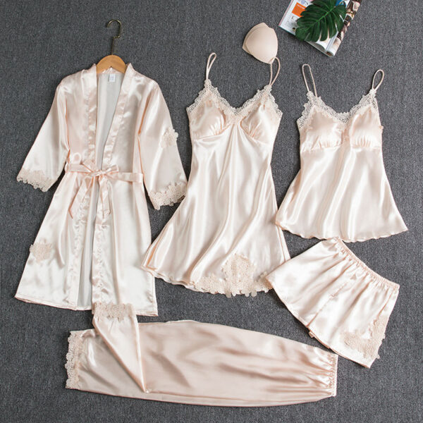 5PCS Sleepwear Female Pajamas Set Satin Pyjamamas Lace Patchwork Bridal Wedding Nightwear Rayon Home Wear Nighty 5