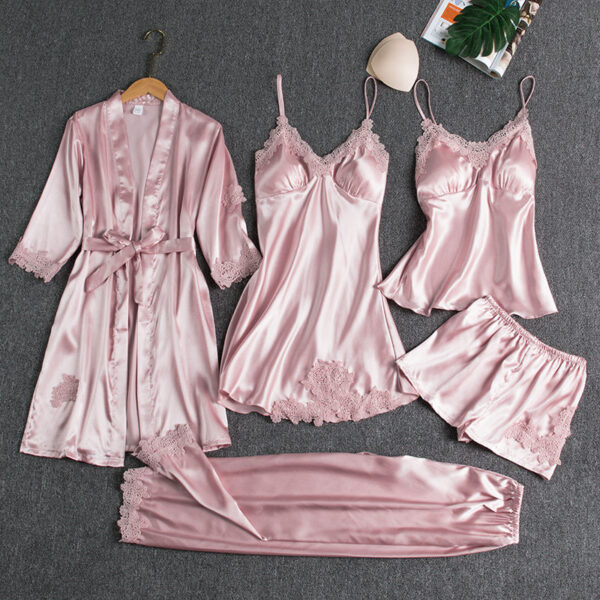 5PCS Sleepwear Female Pajamas Set Satin Pyjamamas Lace Patchwork Bridal Wedding Nightwear Rayon Home Wear Nighty