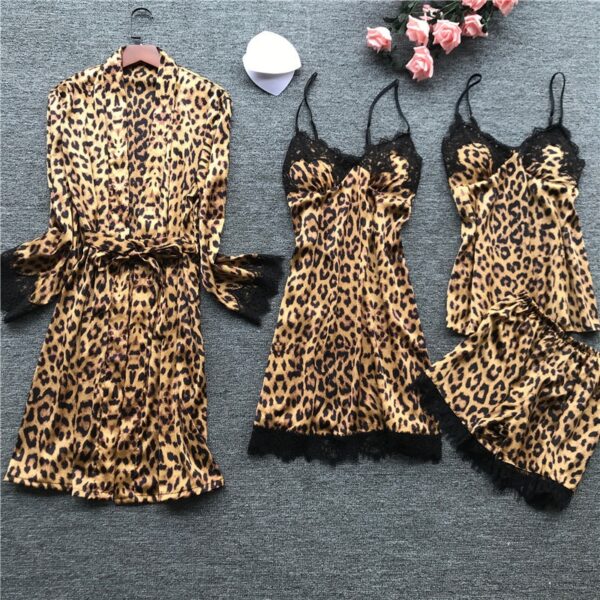Lisacmvpnel Пролет Нова пижама с дълъг ръкав Жена Ледена коприна Модна леопардова щампа Секси пижама Комплект 3