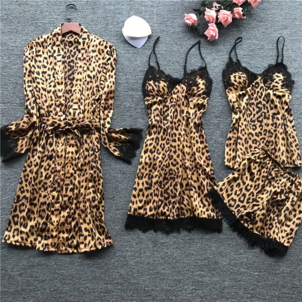 Lisacmvpnel Bahar Yeni Uzun Kollu Pijama Kadın Buz Ipek Moda Leopar Baskı Seksi Pijama Takımı 3