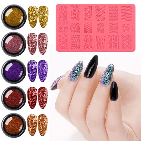 Nail Art Silicone Printing Template Nail Mold Powder Chrome Pigment Dust Environment Friendly 3D Relief DIY