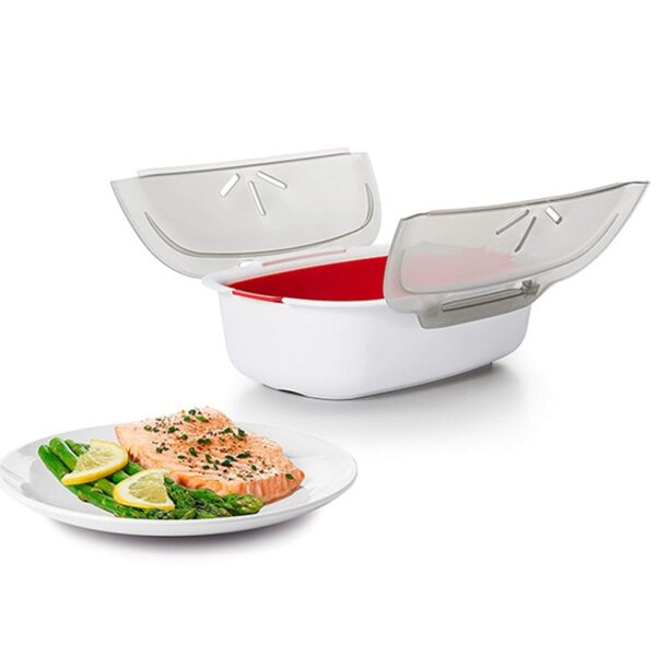 Plastic Steaming Dish Microwave Oven Fish Meat Vegetables Steamer Container Kitchen Tools Home Storage Box vaporera 3