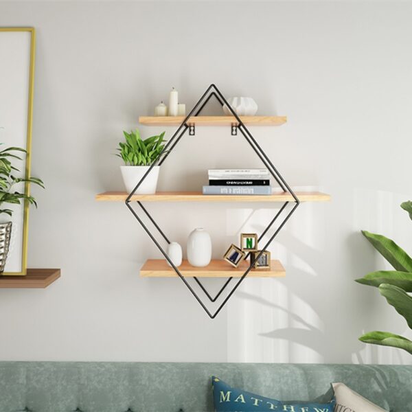 Retro Rhombus Wood Iron Craft Wall Shelf Multi Function Rack Storage Home Wall Art Display Storage 1