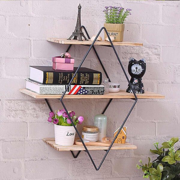 Retro Rhombus Wood Iron Craft Wall Shelf Multi Function Rack Storage Home Wall Art Display Storage 2