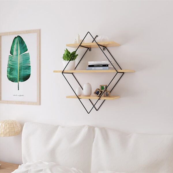 Retro Rhombus Wood Iron Craft Wall Shelf Multi Function Rack Storage Home Wall Art Display Storage