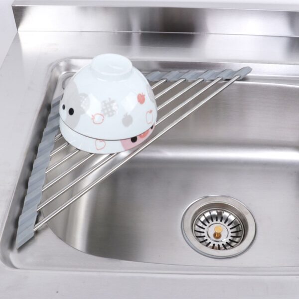 Triangular Kitchen Sink Rack Dish Drying Rack Over Sink Roll up Dry Drainers Stainless Steel Foldable 1