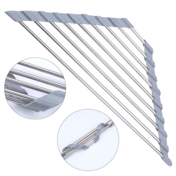 Triangular Kitchen Sink Rack Dish Drying Rack Over Sink Roll up Dry Drainers Stainless Steel Foldable 3