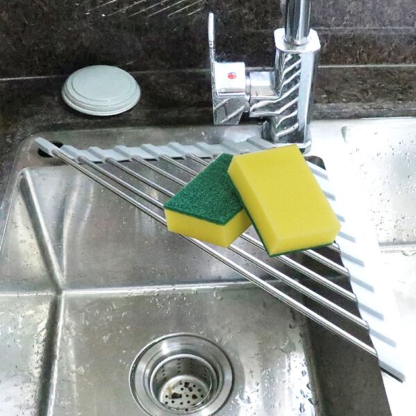 Triangular Kitchen Sink Rack Dish Drying Rack Over Sink Roll up Dry Drainers Stainless Steel Foldable