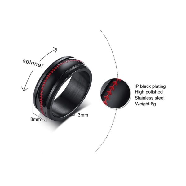 Vnox Spinner Baseball Stitch Ring for Men Black Stainless Steel Rotatable Sporty Baseball Lover Jewelry 4