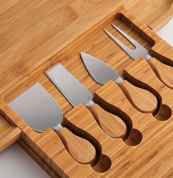 Bamboo Cheese Board with Cutlery Wood Charcuterie Platter Serving Meat Board with Slide Out Drawer with 1