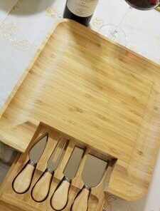 Bamboo Cheese Board with Cutlery Wood Charcuterie Platter Serving Meat Board with Slide Out Drawer with 5