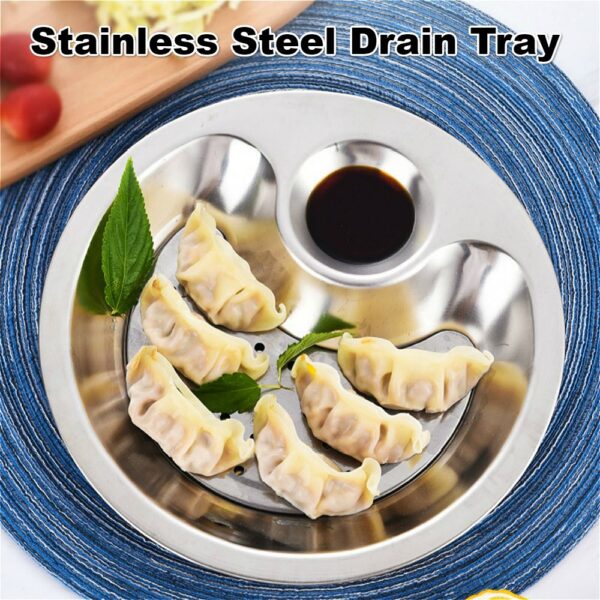 Dumpling Plate Dual layer Stainless Steel Drain Basket with Mini Spices Vinegar Dish Fruit Tray Serving 1