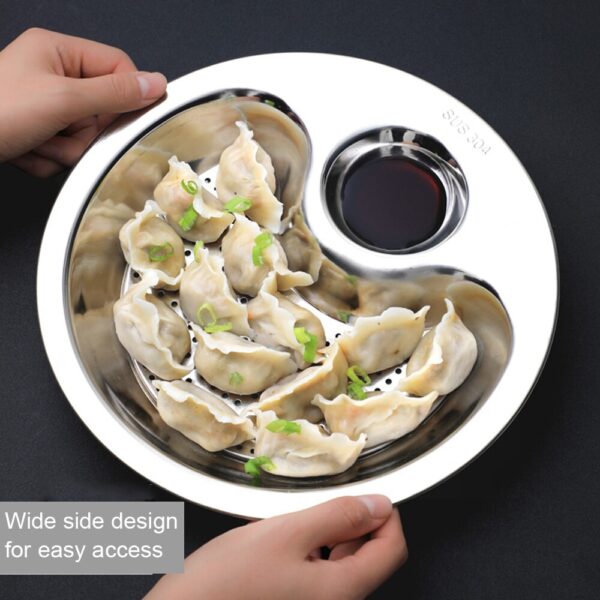 Dumpling Plate Dual layer Stainless Steel Drain Basket with Mini Spices Vinegar Dish Fruit Tray Serving 2