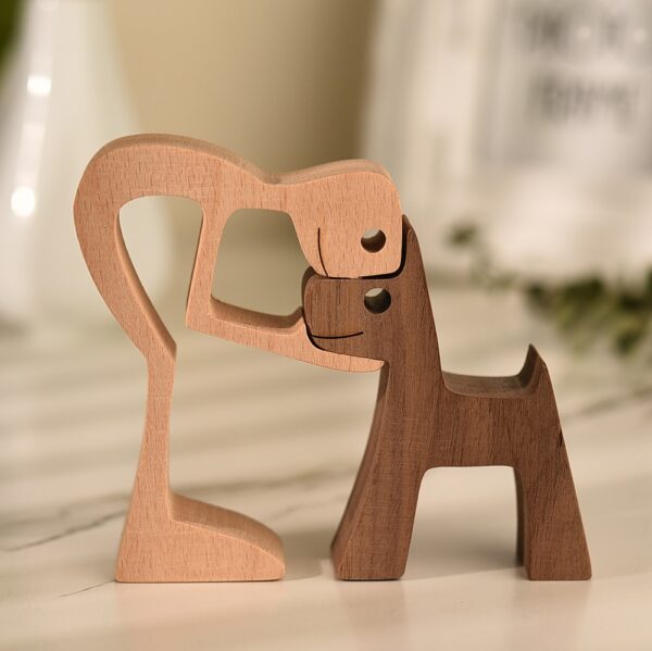 Figurina të reja macesh prej druri Dog Art Artizanatit Gdhendje të vogël Samll Ornament kafshësh Gruaja Burrë dhe qenush 2