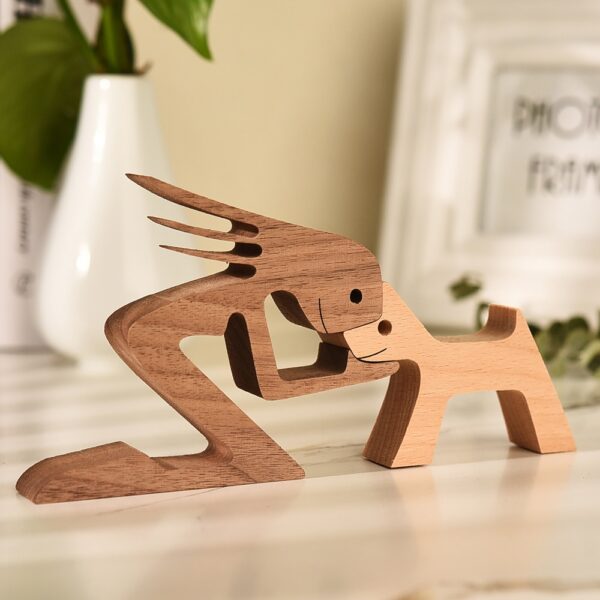New Wooden Cat Figurines Dog Art Craft Small Carving Samll Animal Ornament Woman Man and Puppy 4