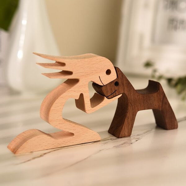 New Wooden Cat Figurines Dog Art Craft Small Carving Samll Animal Ornament Woman Man And Puppy 5