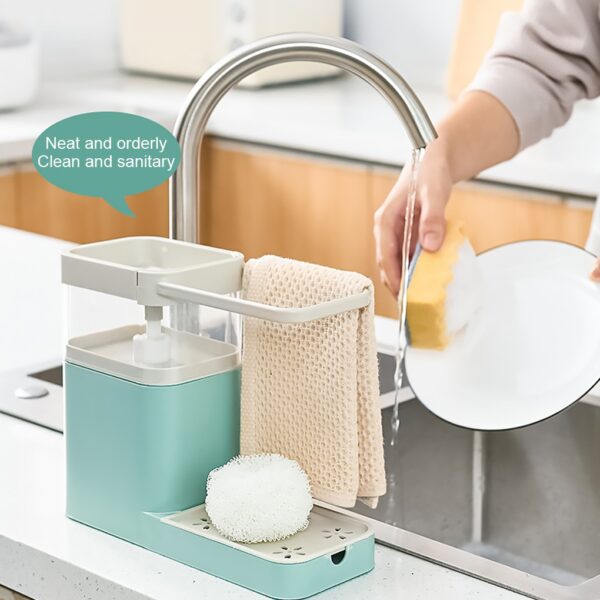 Two In One Sponge Drain Soap Dispenser With Sponge Pump Dispenser Wipe Arrangement Rack Dish Towel 13