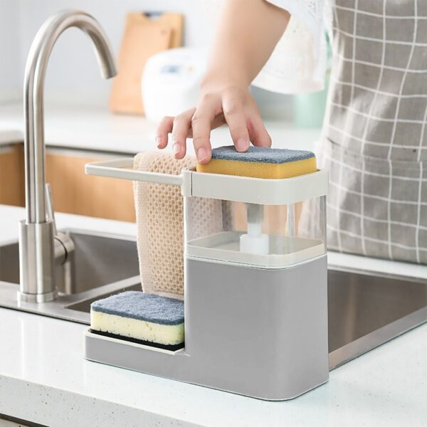 Two In One Sponge Drain Soap Dispenser With Sponge Pump Dispenser Wipe Arrangement Rack Dish Towel 14
