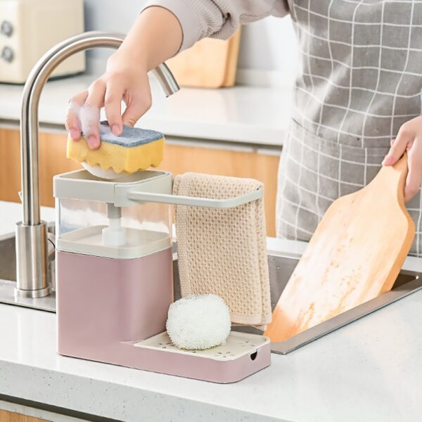Sponge Pump Dispenser ပါသော ရေမြှုပ် နှစ်ခုပါသော Drain Soap Dispenser နှင့် သုတ်ခြင်း အစီအစဉ် Rack Dish Towel 15