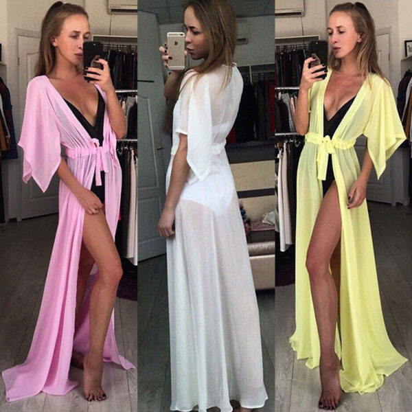 Fashion Wanita Musim Panas Warna Solid Lengan Pendek Longgar Seksi Gaun Pantai Liburan Baju Renang Mesh Cover Up