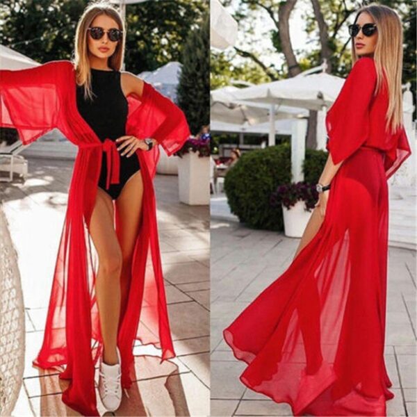 Fashion Wanita Musim Panas Warna Solid Lengan Pendek Longgar Seksi Gaun Pantai Liburan Baju Renang Mesh Cover