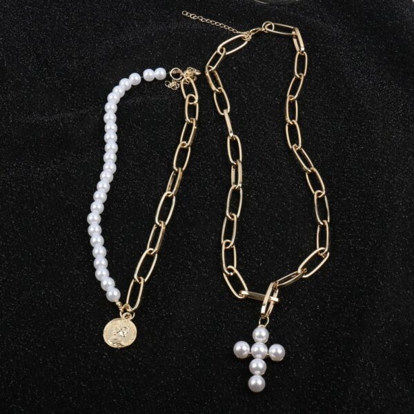 KMVEXO Fashion 2 warstwy perły geometryczne wisiorki naszyjniki dla kobiet złoty metalowy łańcuszek wąż naszyjnik nowy 5