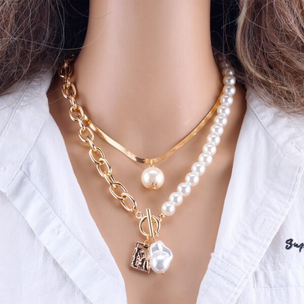 KMVEXO Fashion 2 Layers Pearls Geometric Pendants Necklaces For Women Gold Metal Snake Chain Necklace New